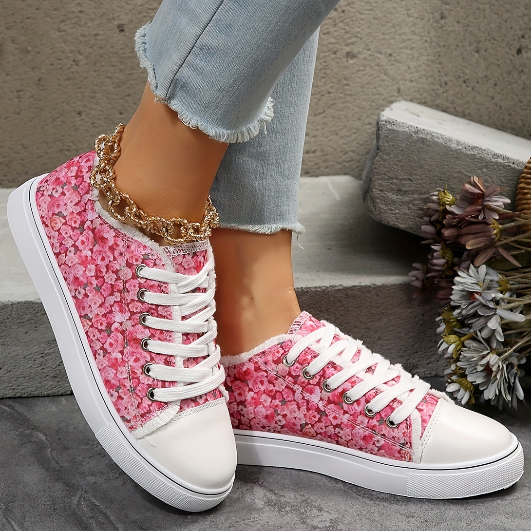 womens floral print canvas shoes casual lace up outdoor sneakers comfortable low top shoes details 2