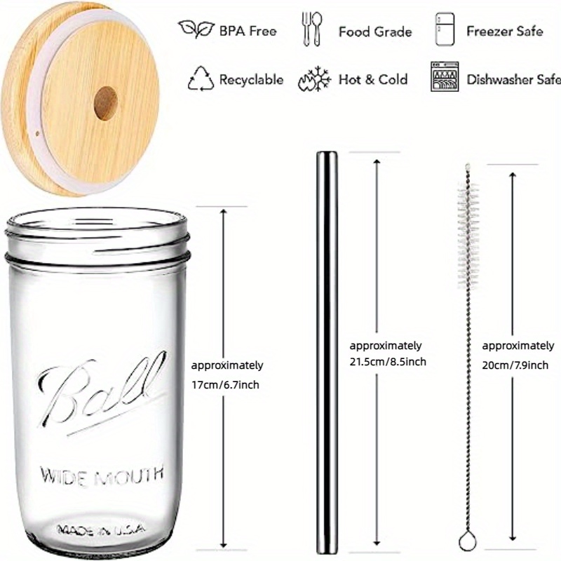  Mason Jar Cups with Lids and Straws Reusable Wide Mouth Ball  Mason Jar Drinking Glasses Tumbler with Straw Brush, Travel Bottle 24 Oz  for Iced Coffee, Juicing, Tea, Milk, Homemade Beverages 