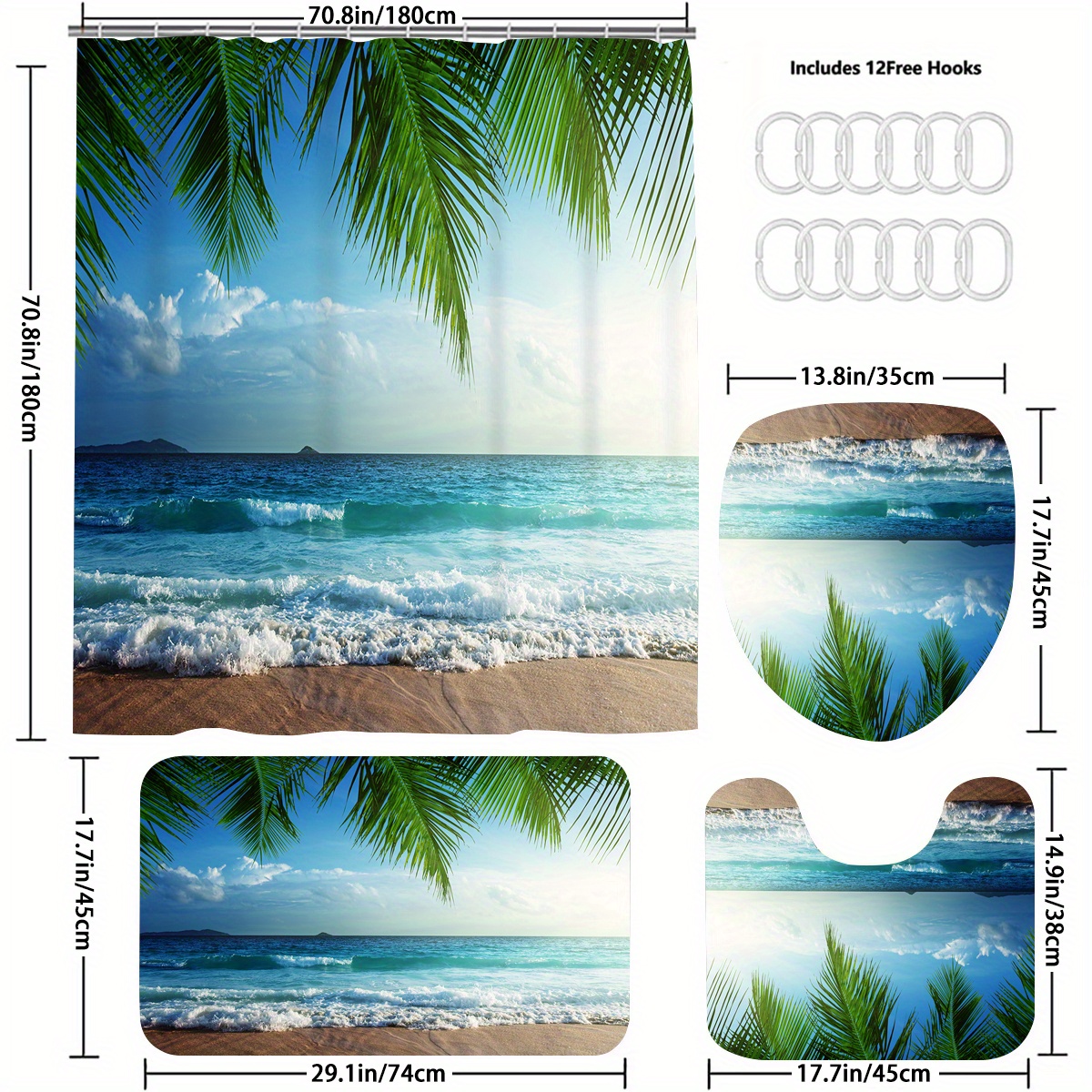  4 Pcs Shower Curtain Set with 12 Hooks, Ocean Coastal