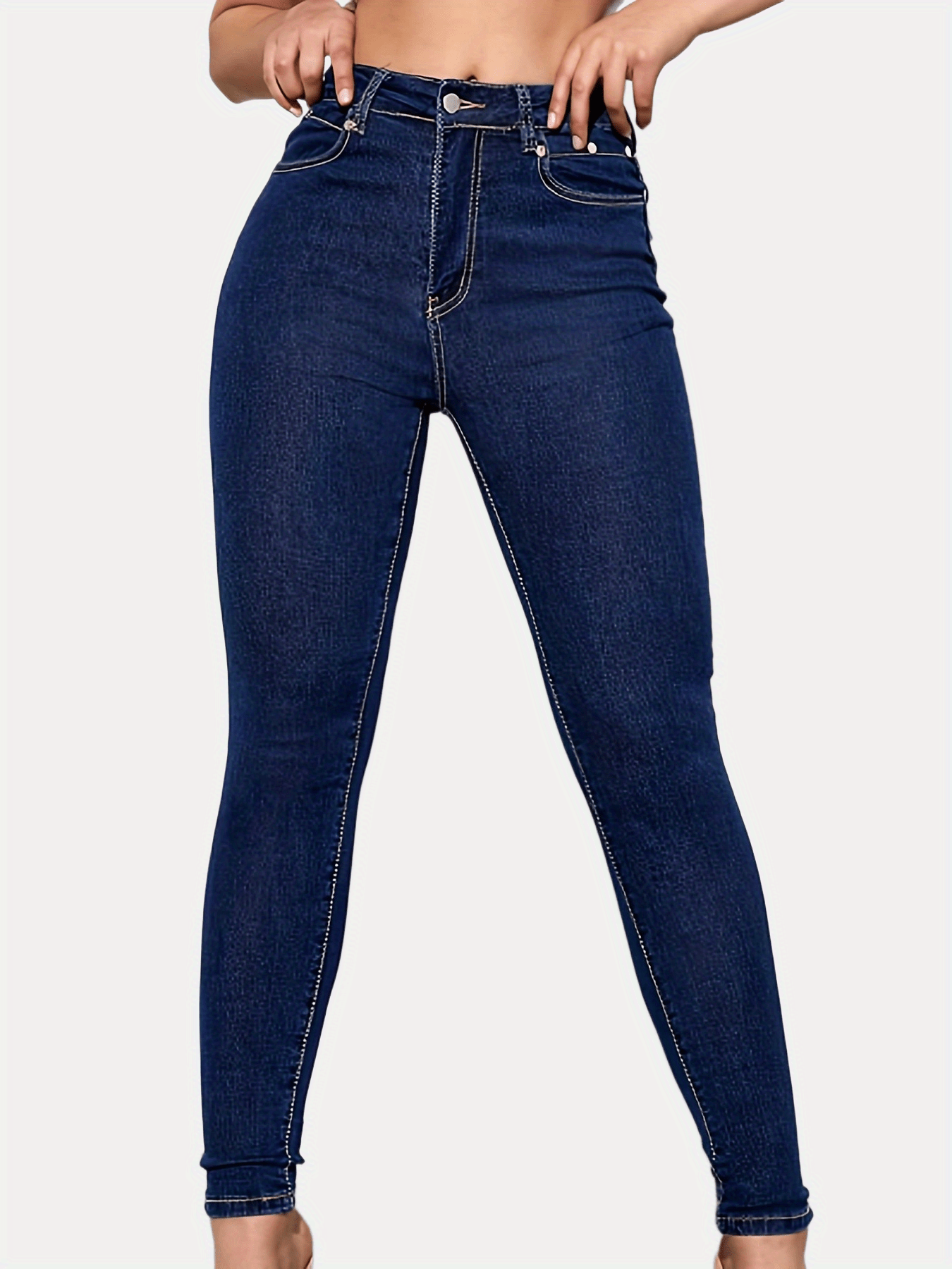 GENERICO Jeans ajustados de cintura alta para mujer- azul oscuro