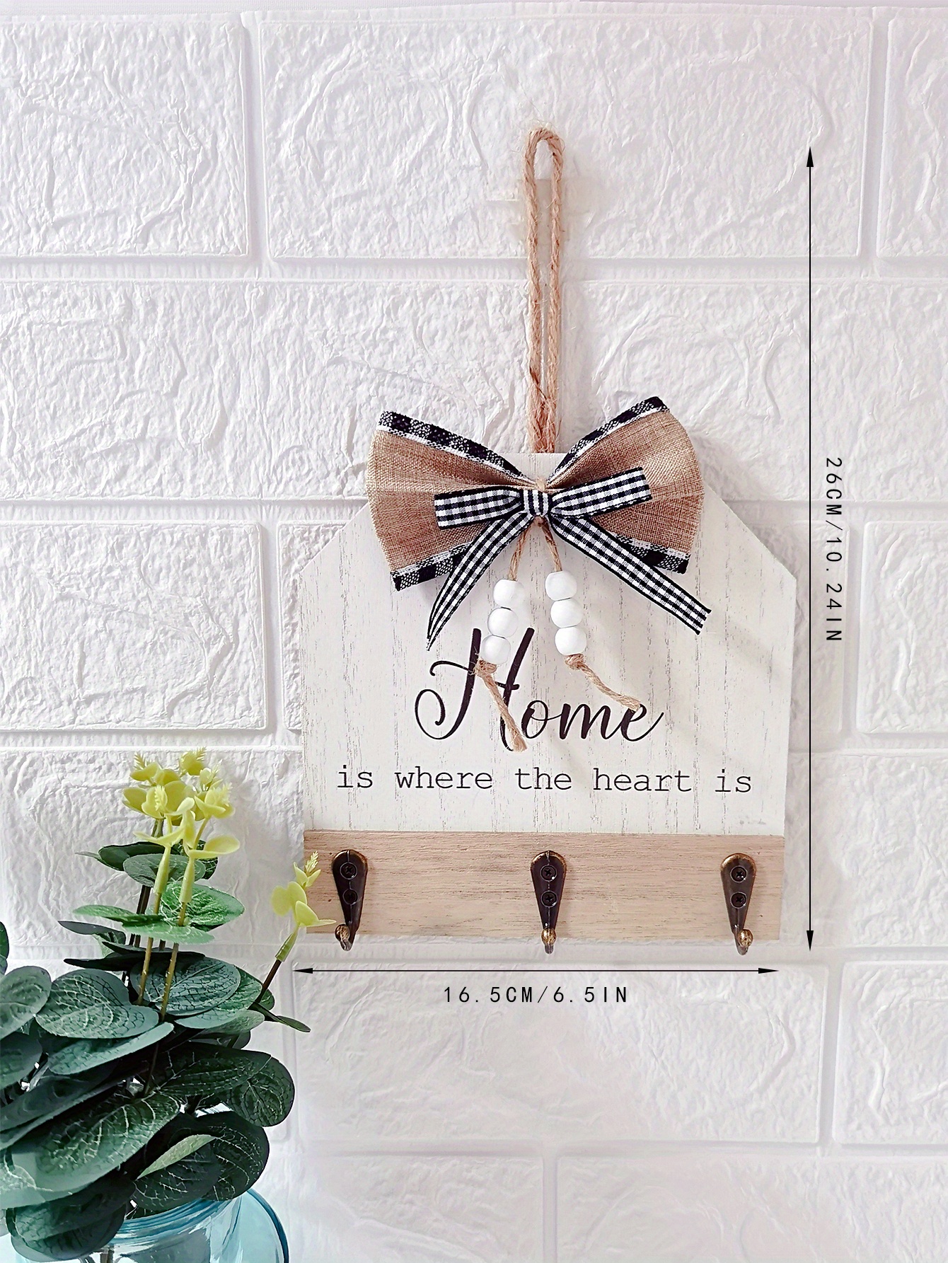 Rustic Wood Home Sign Decor with Hooks, Decorative Hanging Wooden