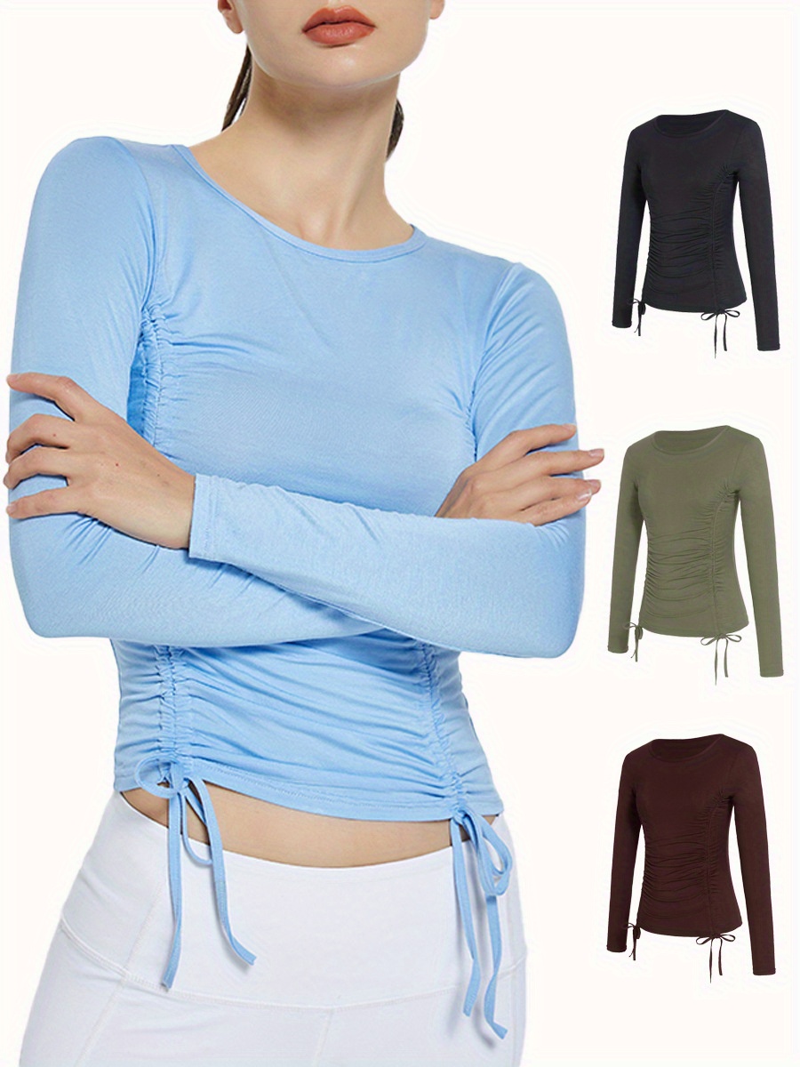 Women's Long Sleeve Workout Tops Drawstring Ruched Side Yoga - Temu