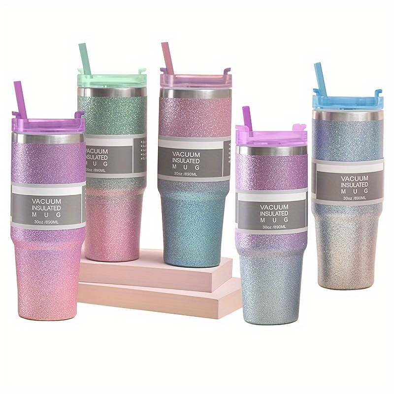 Stainless Steel Glitter Tumbler With Straw Portable Gradient - Temu