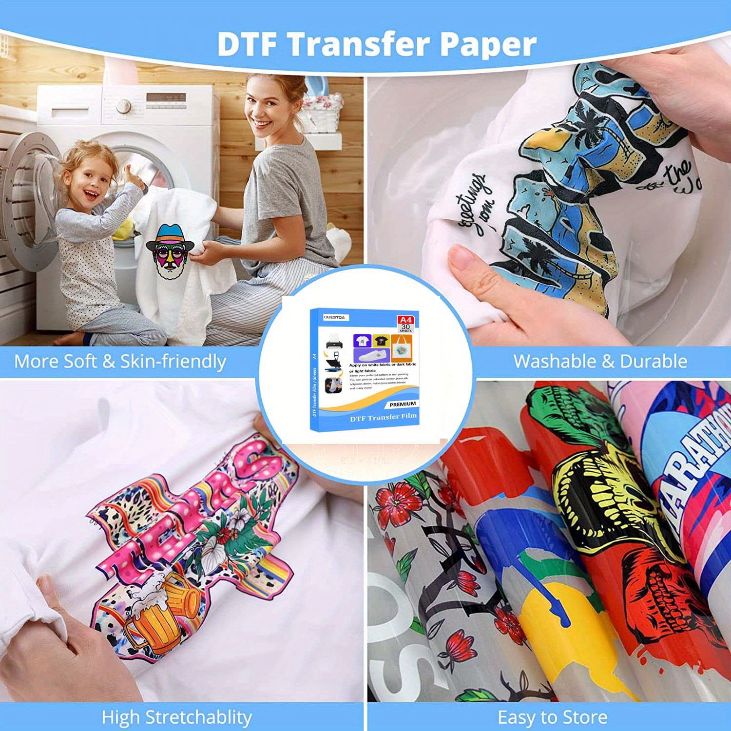 GOZYE Premium DTF Transfer Film - 100 Sheets A4 Matte Pet Heat Transfer Paper for Direct-to-Film Printing on T-shirts Textile- Size: A4 (8.3 x 11.7