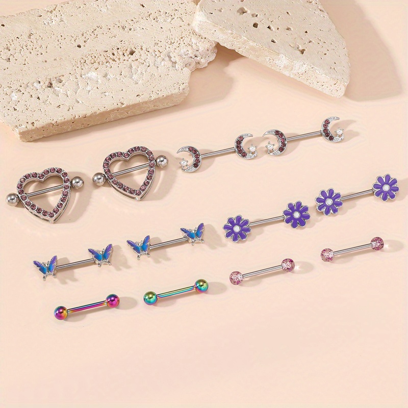 Colorful Flower Butterfly Shaped Nipple Ring Set Inlaid Shiny