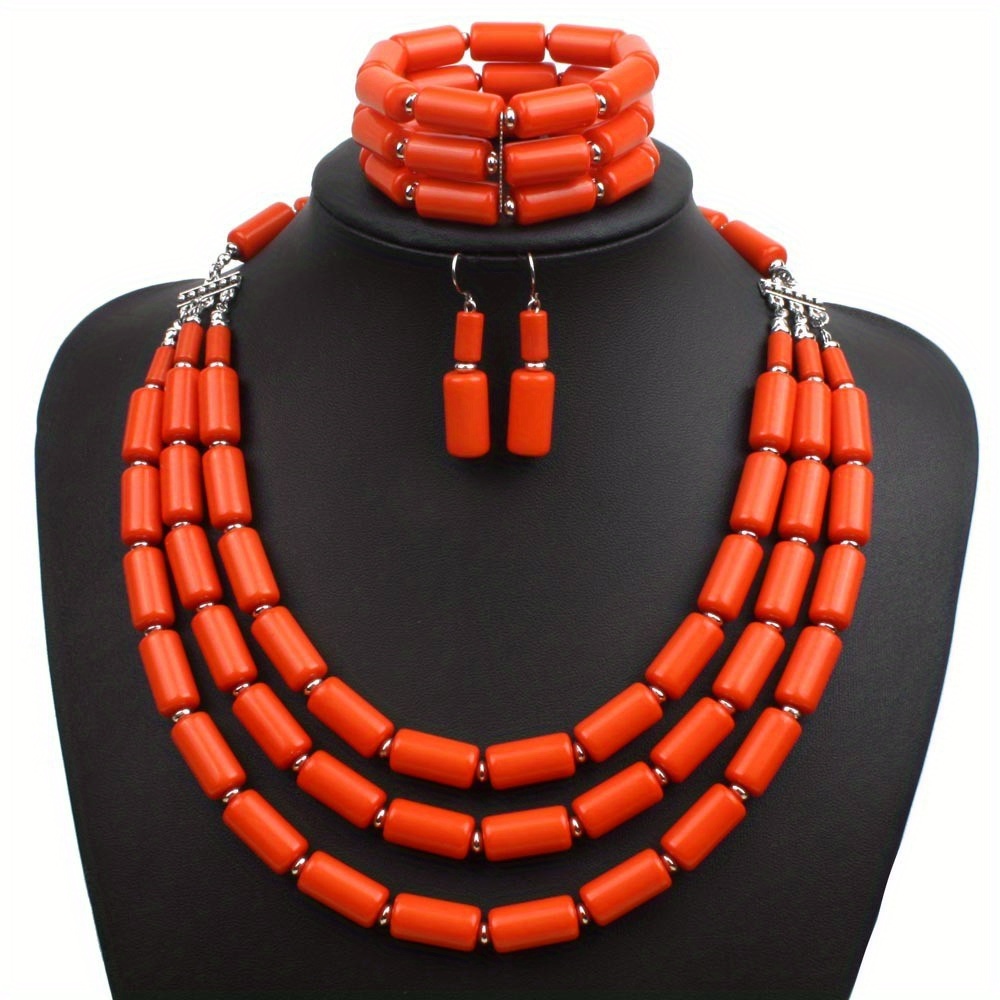 Boho Red Beaded Multilayer Necklace, Earrings & Bangle Set