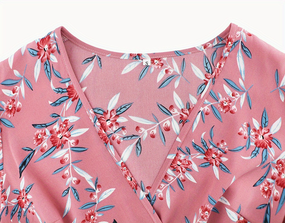 Floral Print Split Dress Boho V Neck Short Sleeve Knotted - Temu ...