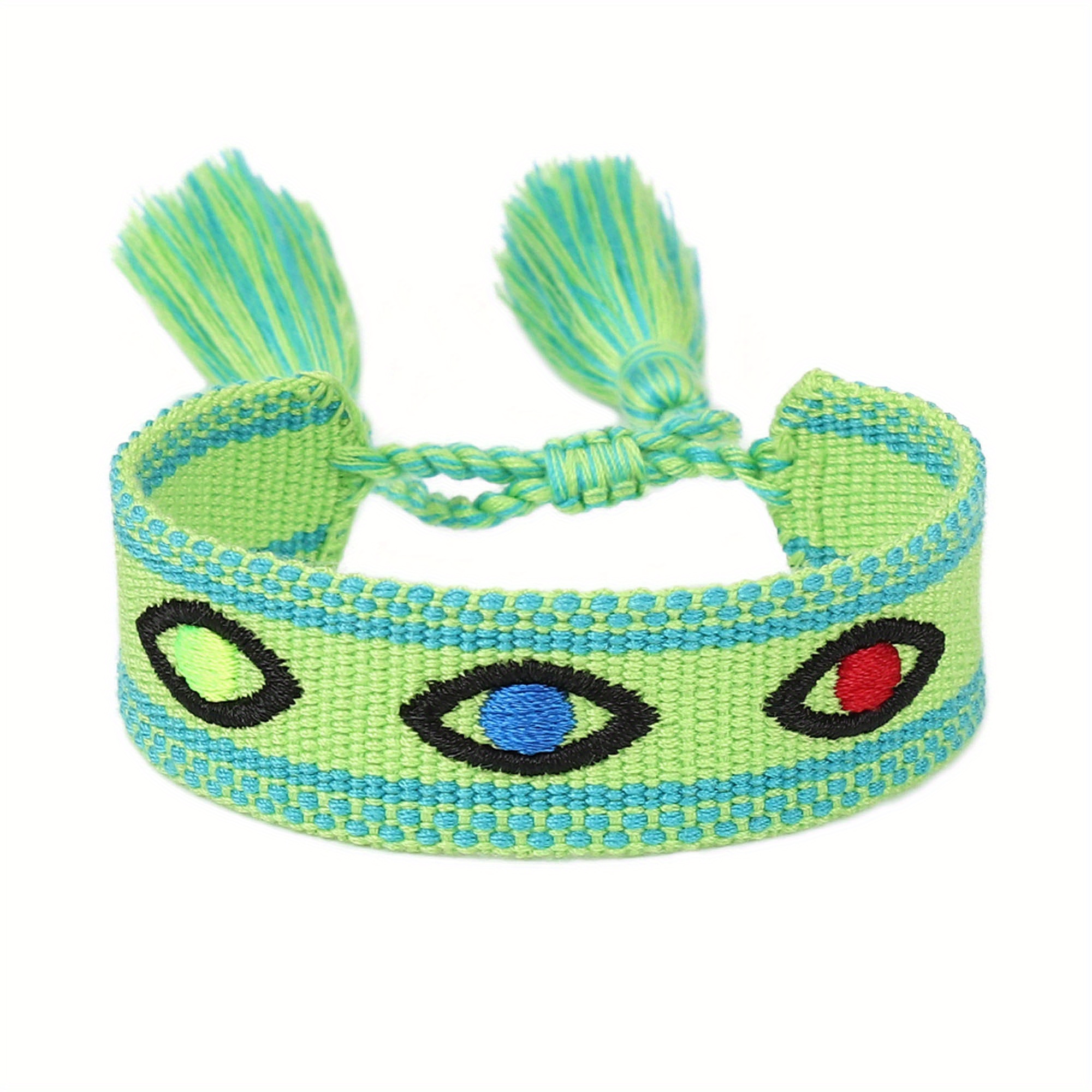 Multicolor Evil's Eyes Embroidered Tassel Bracelet, 10 Colors