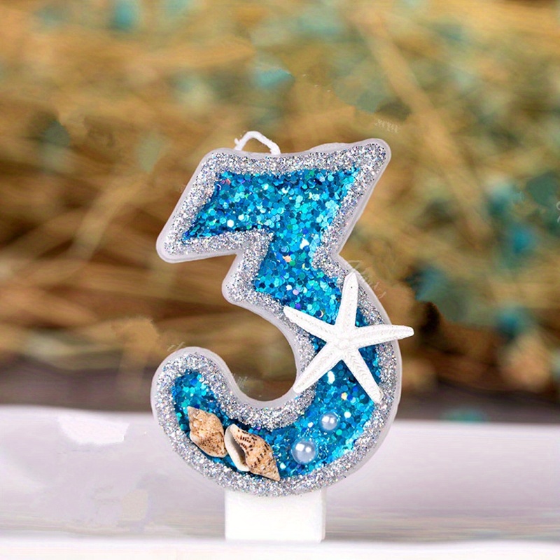 Number 0 To 9 Blue Candle Cake Topper, Sequins Starfish Conch Number