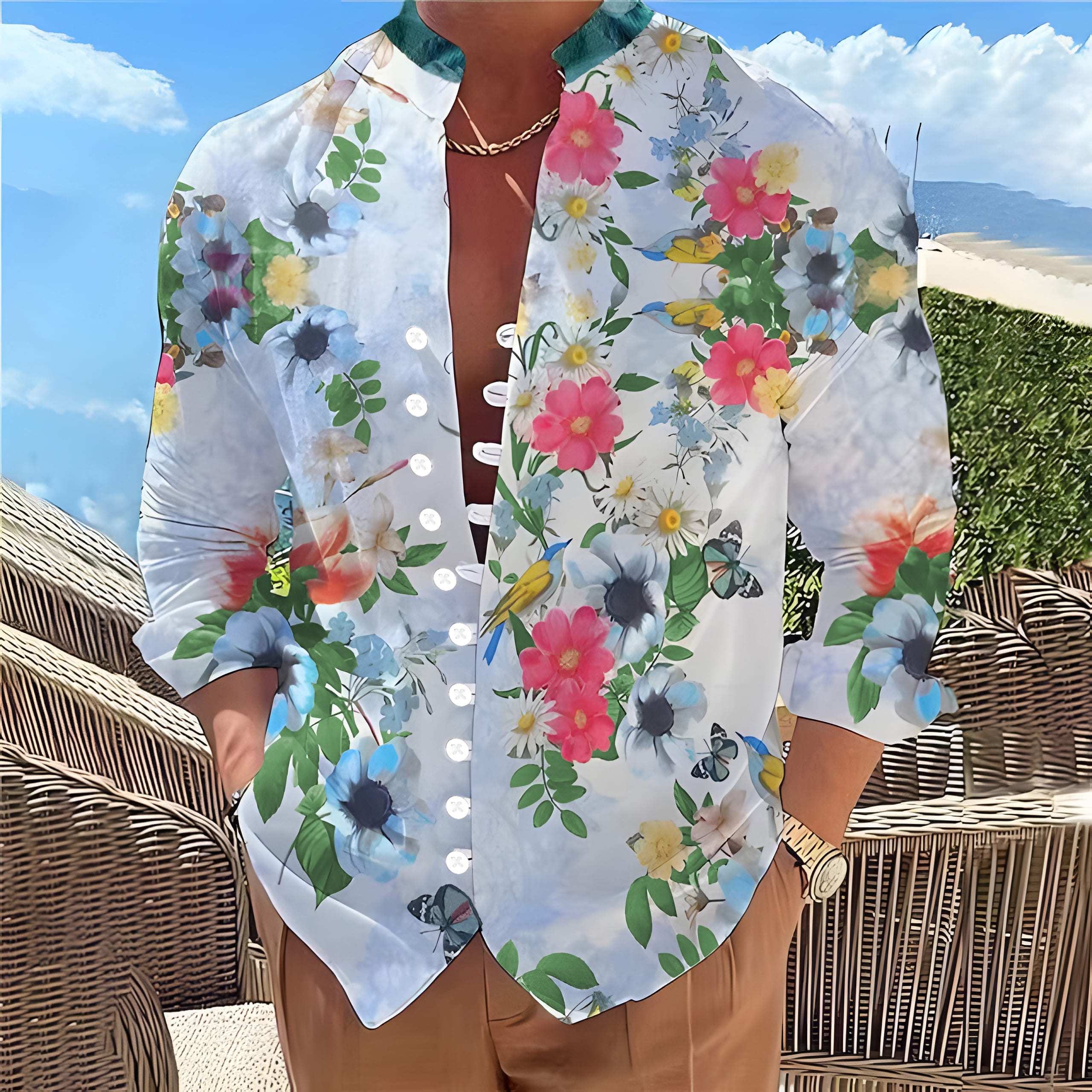 mens casual long sleeve shirt 3d floral print lapel collar Temu