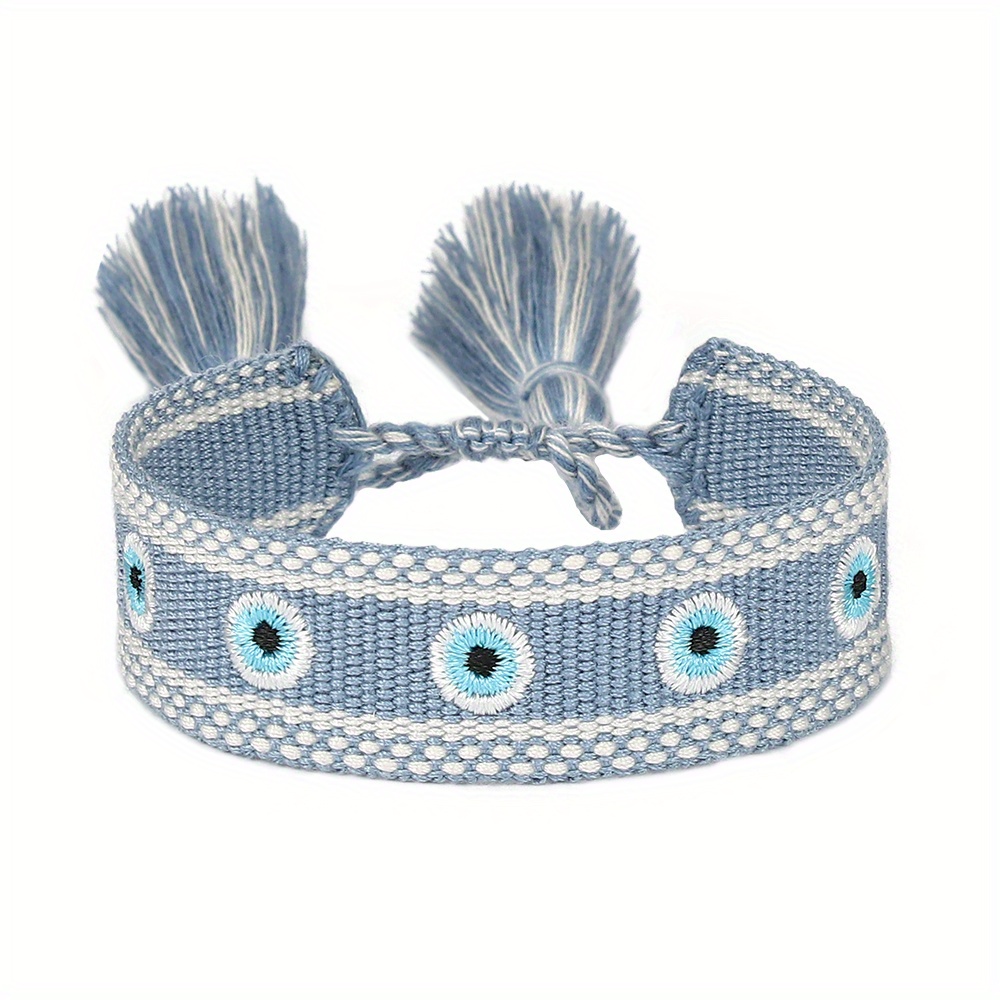 Multicolor Evil's Eyes Embroidered Tassel Bracelet, 10 Colors