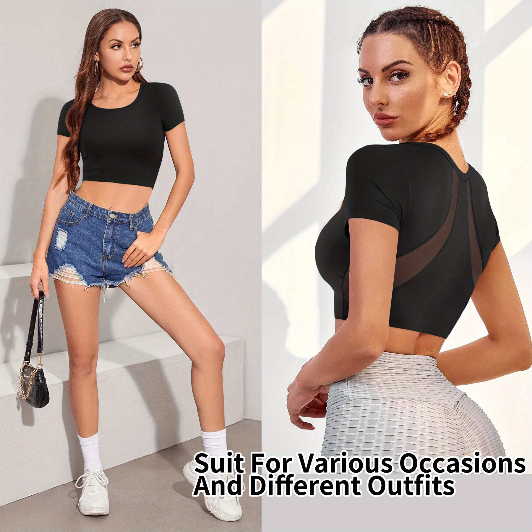 Cropped Workout Tops for Women Mesh Back Womens Workout Tops Flowy
