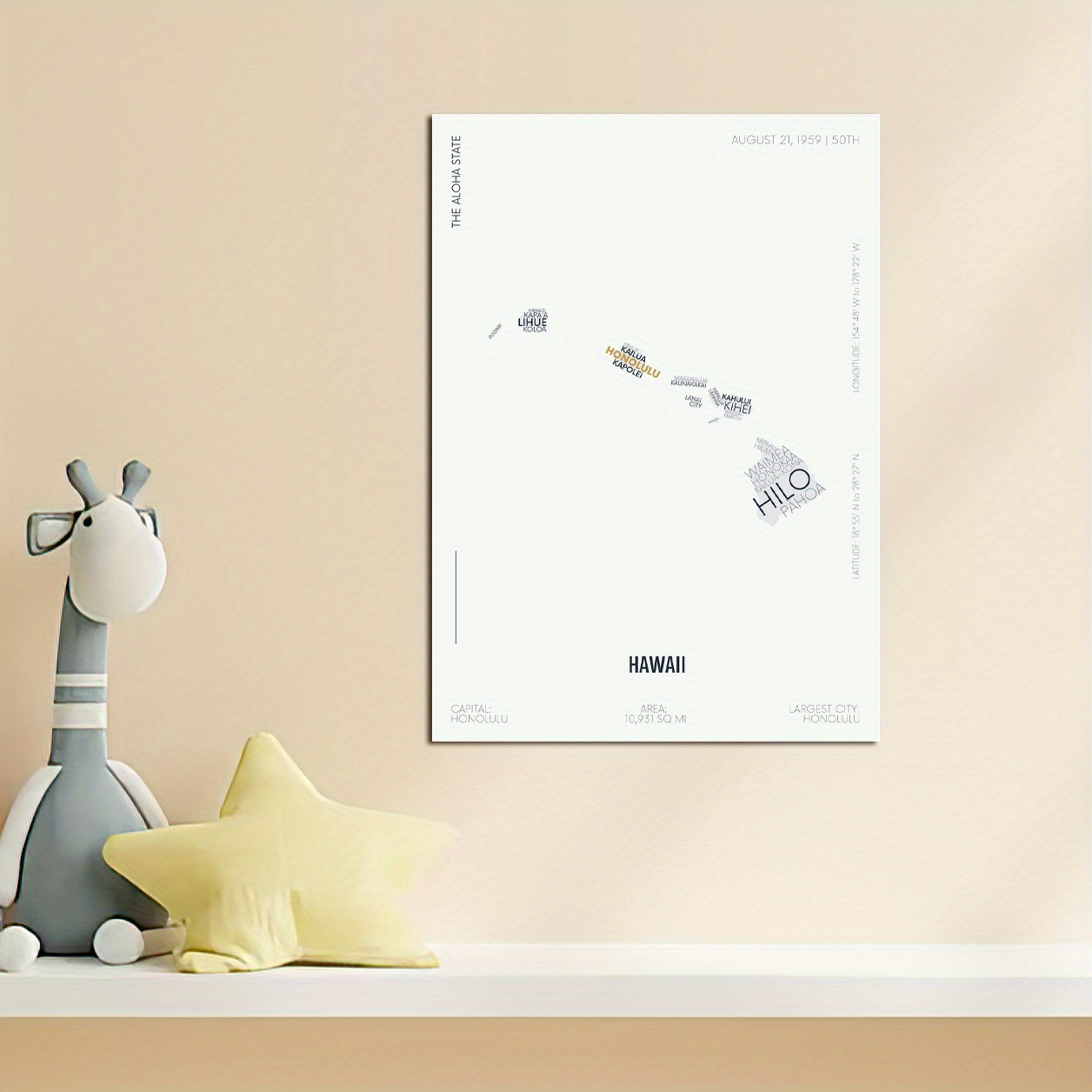 Hawaii State Letter Map Sticker for Kids Room Wall Art