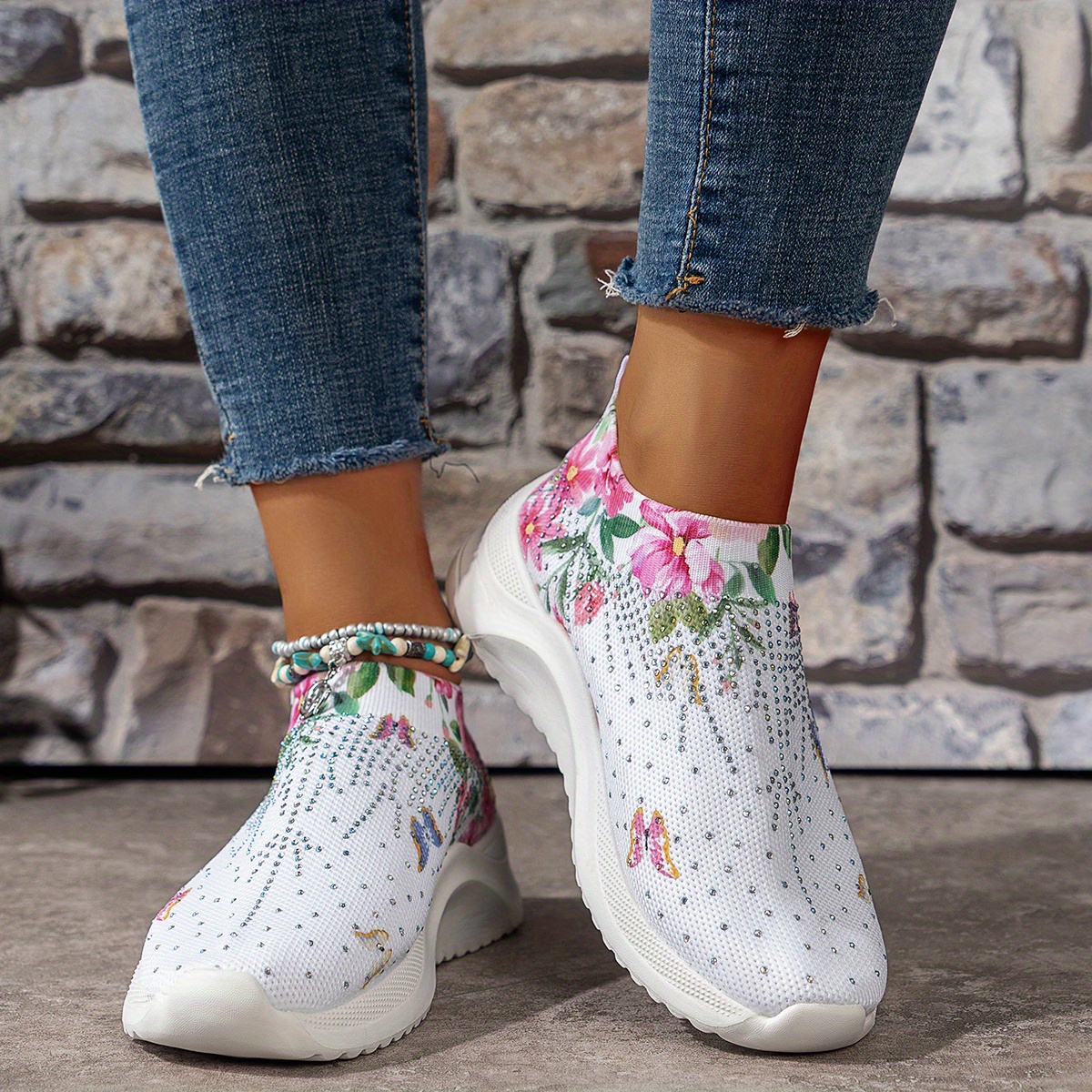 Women's Fashion Sock Sneakers Rhinestone Decor Slip On Low - Temu