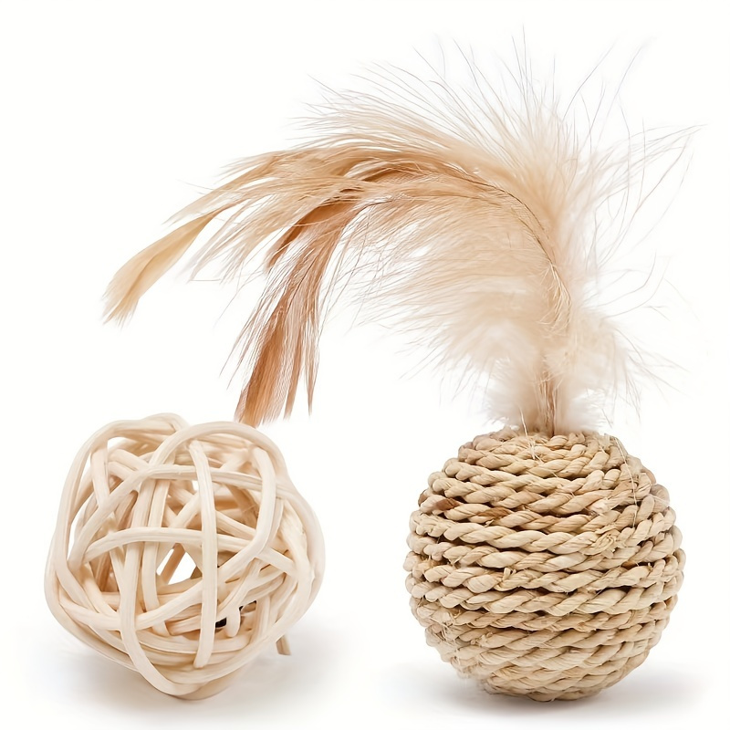 2 cat toy balls made of synthetic feathers to   and chew sisal balls for dental health bite resistant scratch resistant   large bite feather pet cat toy without battery Product details 2