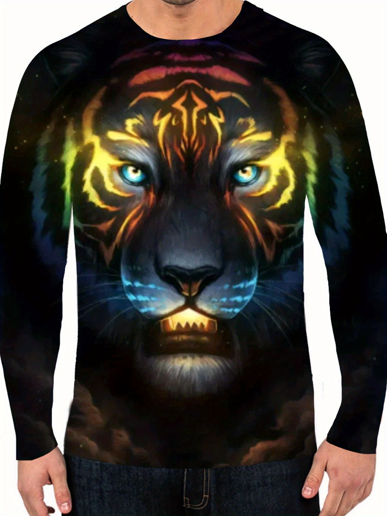 Men's 3D Flame Tiger Print T-Shirt, Blouses for Summer, Casual Round Neck Tee for Strong Guy, Men's Novelty Pajamas, 5.99, Black, XXL,Temu