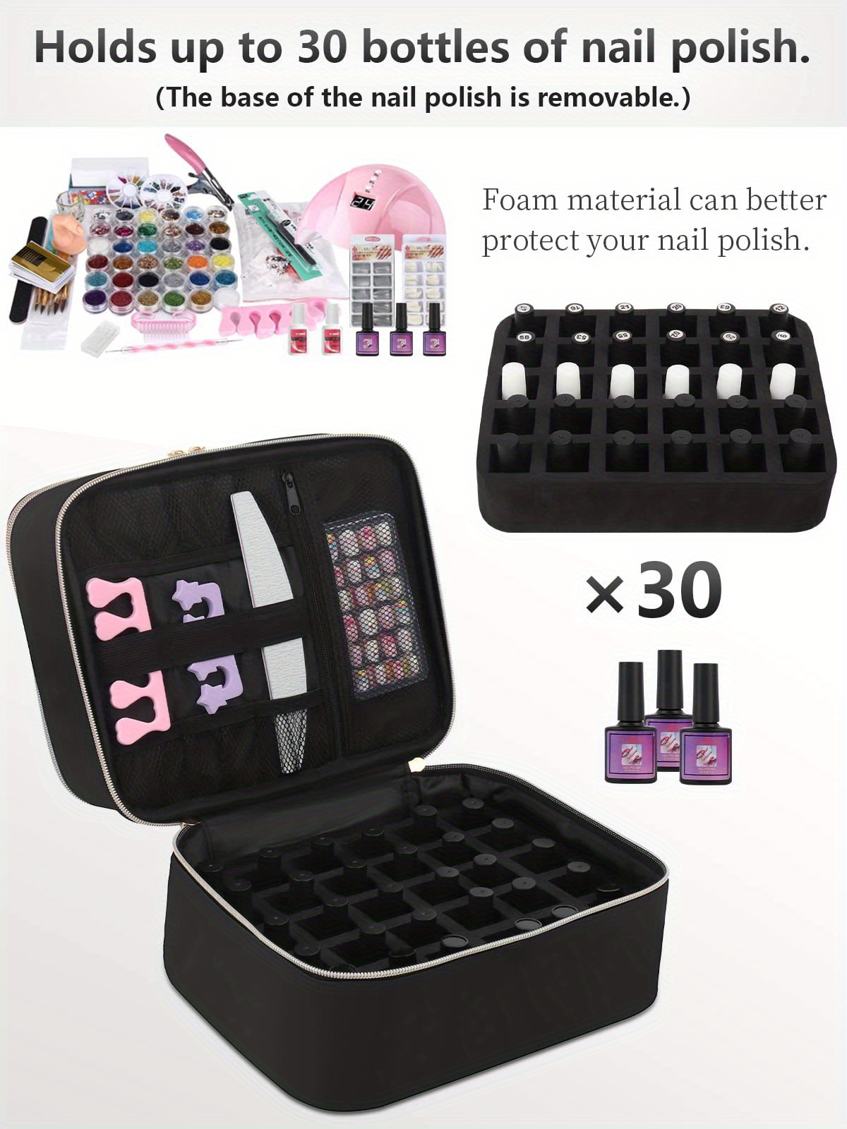LUXJA Nail Polish Carrying Case - Holds 30 Bottles (15ml - 0.5 fl.oz),  Double-layer Organizer for Nail Polish and Manicure Set, Pink (Bag Only)