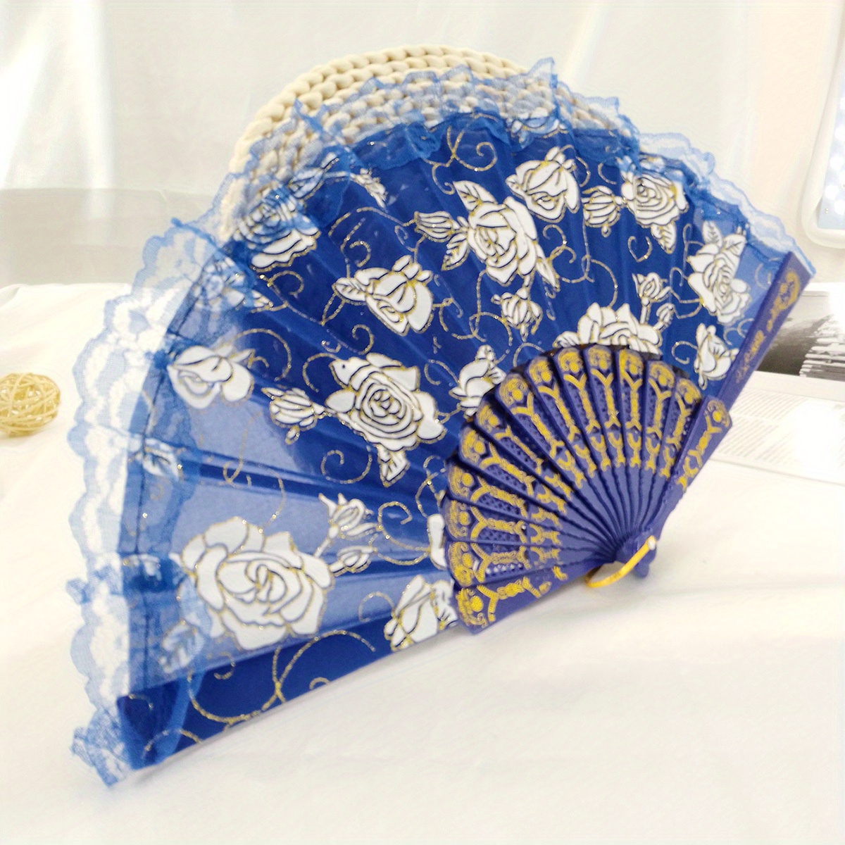 Chinese Style Floral Folding Fan with Lace for Dance Performance
