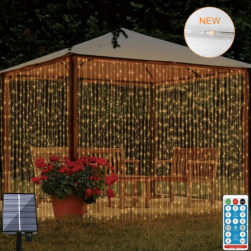 1pc 300 leds solar curtain light rubber insulated wire outdoor remote control light 8 lighting modes fairy lights ip68 waterproof copper wire lights christmas party wedding home bedroom garden wall decor details 0