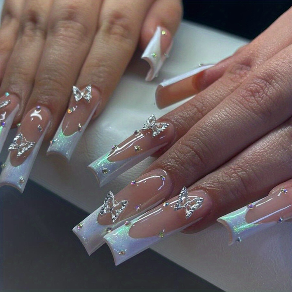 Long Coffin Fake Nails with 3D Rhinestones Pink French DIY Artificial Nail  Tips