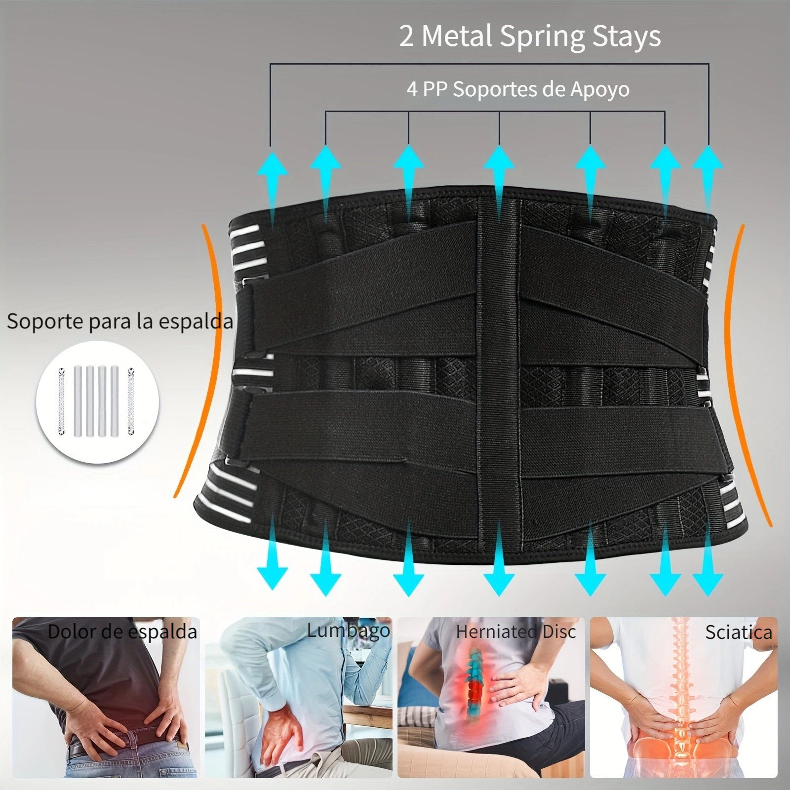  FREETOO - Faja lumbar para aliviar el dolor de espalda baja,  con 6 soportes, cinturón transpirable para hombres/mujeres, para el  trabajo, faja lumbar antideslizante con malla de 16 orificios para ciática (