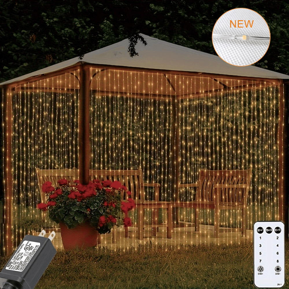 1pc 300 leds curtain light rubber covered soft wire ip44 power supply outdoor remote control string light 8 lighting modes fairy lights ip65 waterproof copper wire lights christmas party wedding home bedroom garden wall decor details 1