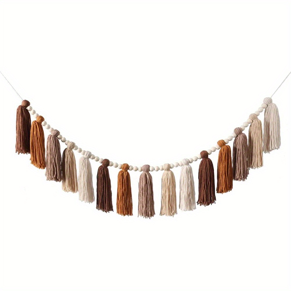 Image of Bohemian Flow Wood Beads Decorative Wall Hanging, Colorful Tassel Pendant Garland Decor, Baby Room Fringe Tapestry, Home Interior Decoration, Wall Hanging Wall Decor