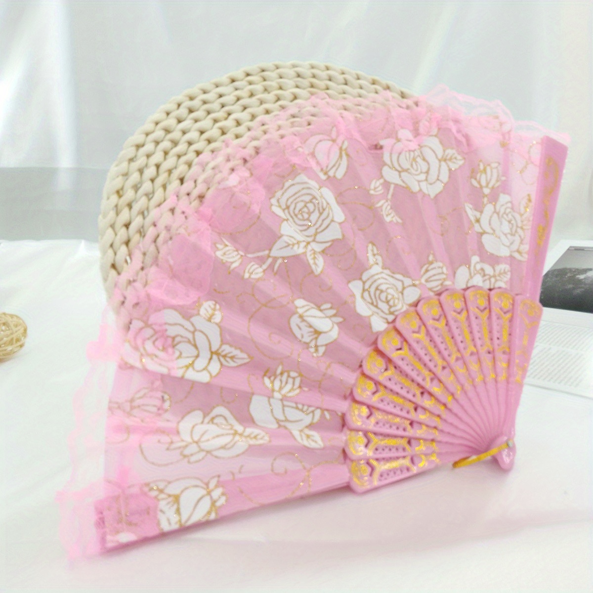 Chinese Style Floral Folding Fan with Lace for Dance Performance