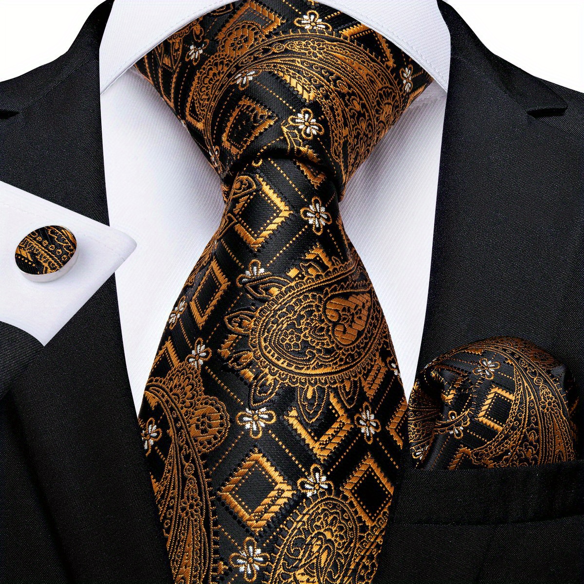  n/a Juego de corbata negra a rayas doradas, 100% seda, pañuelo  y gemelos de moda para hombres de boda (color A, tamaño: talla única) :  Ropa, Zapatos y Joyería