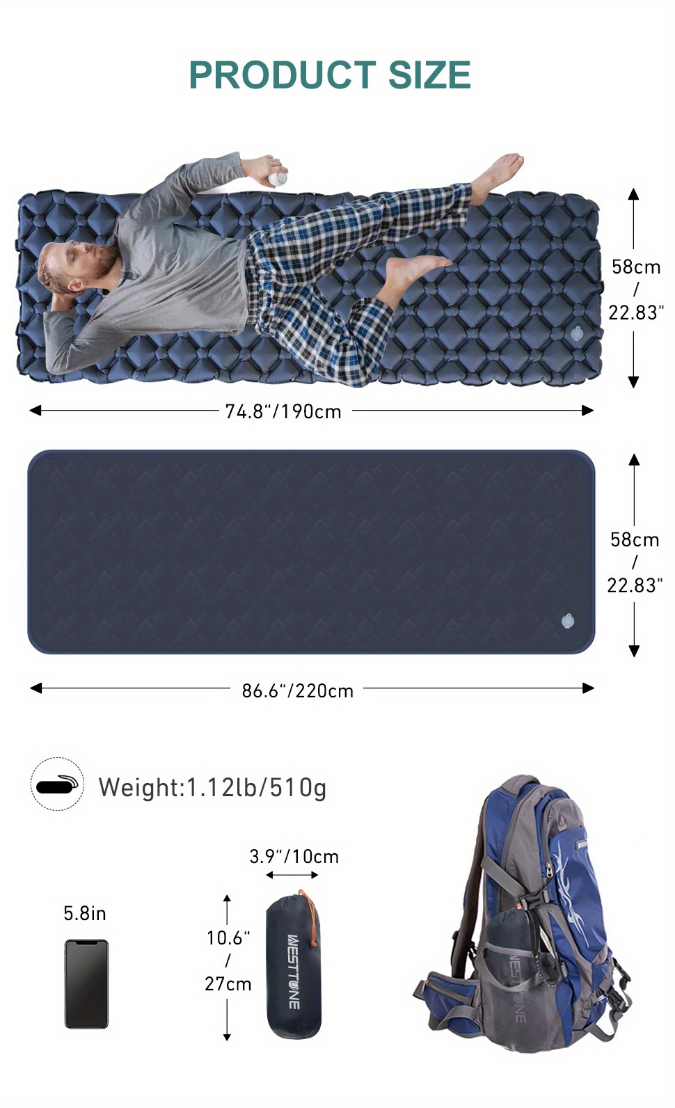 1pc Inflatable Ultralight Mattress Portable Folding Sleeping Bed For