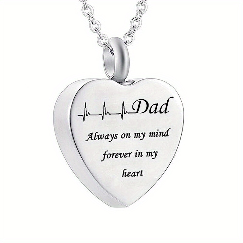 Heart Cremation Urn Necklace Engraved with 'Dad, Always On My Mind, Forever in My Heart' - Stainless Steel Memorial Pendant with Fish Charm for