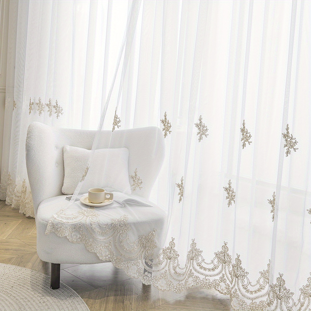 1pc french style beautiful embroidery sheer curtain simple european style small flower embroidery white translucent thin window sheer curtain rod pocket suitable for living room bedroom home decoration details 3