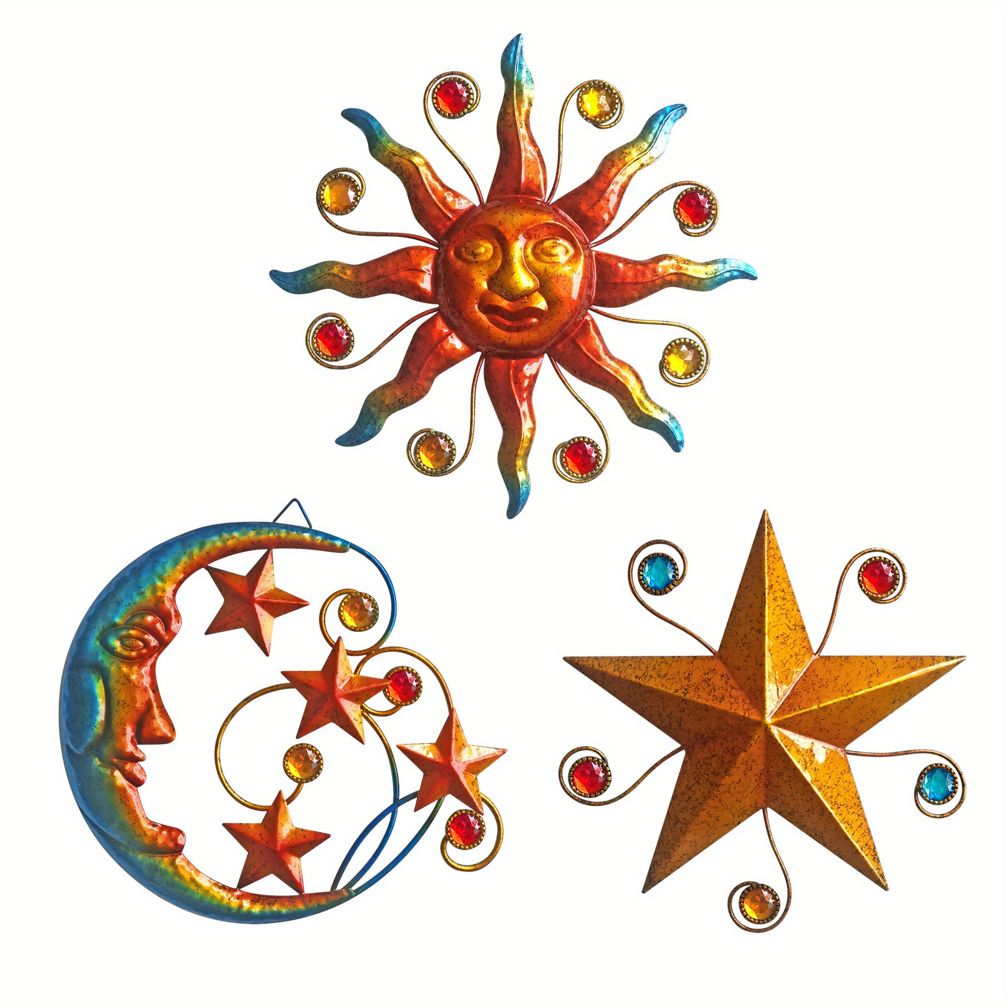 Image of Set Of 3 Metal Wall Art | Celestial Wall Decoration Sculpture, . 8.5 Inches, Suitable For Living Room, Office Or Outdoor Spaces, No Electricity Required