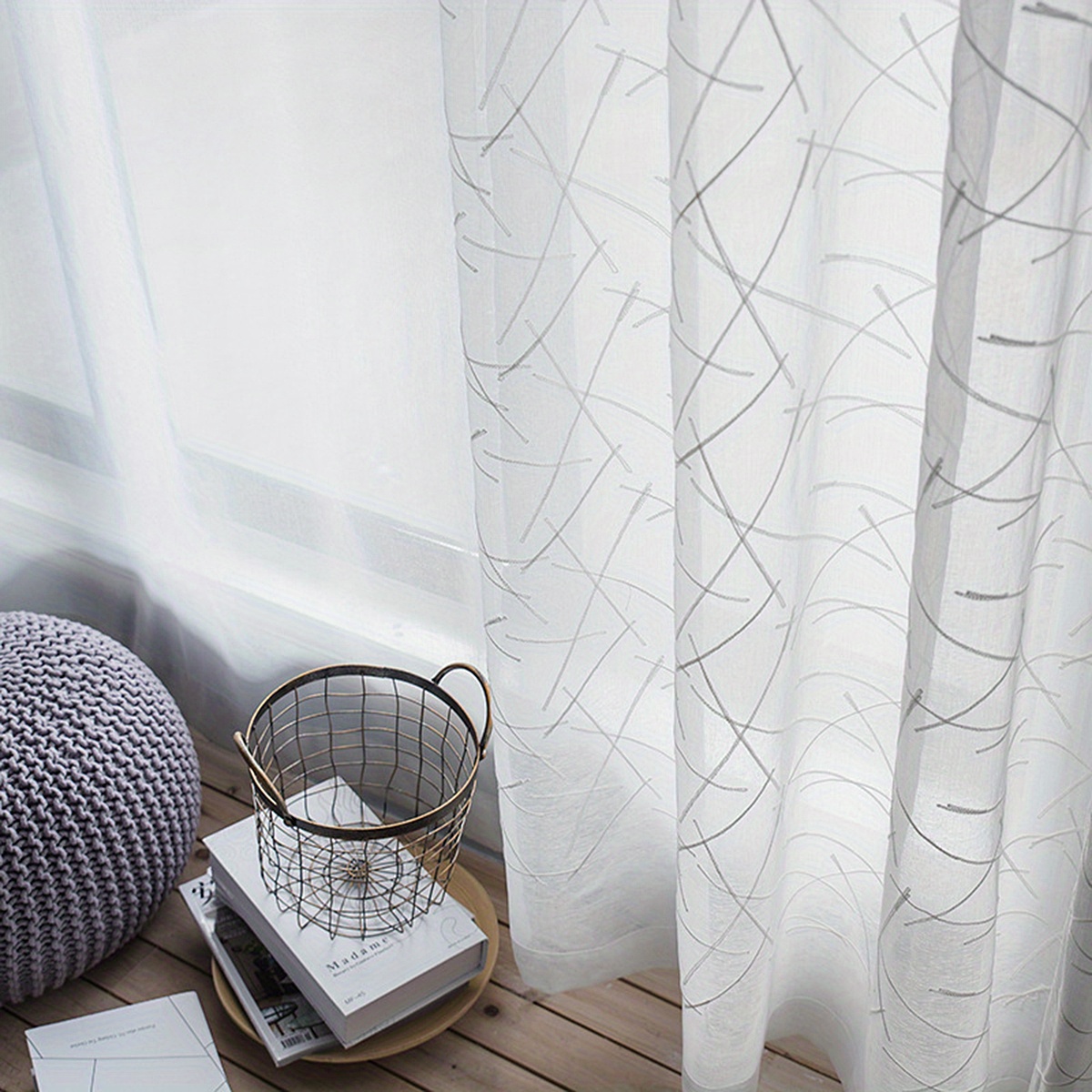 Image of 1pc Minimalist Line Embroidery Sheer Curtain, Modern Geometric Pattern White Light Filtering Window Screen With Rod Pocket, Suitable For Living Room And Bedroom Decor
