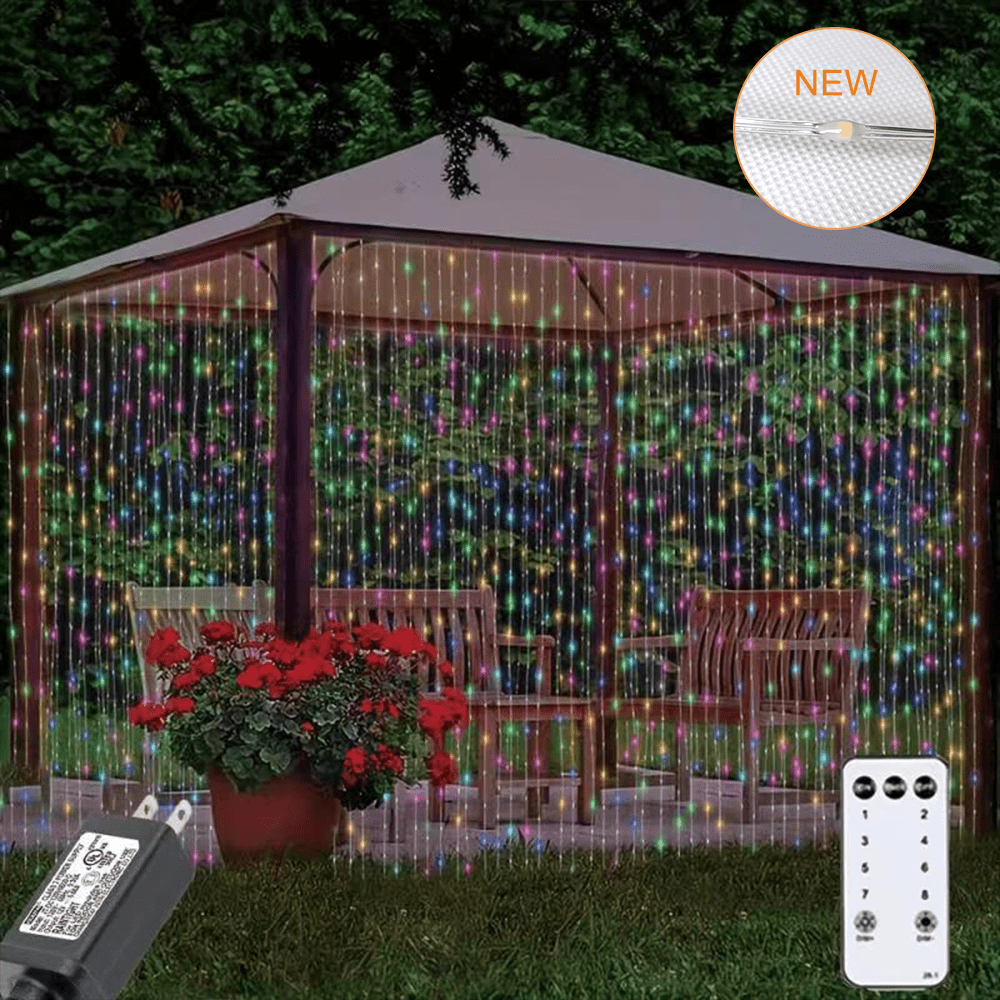 1pc 300 leds curtain light rubber covered soft wire ip44 power supply outdoor remote control string light 8 lighting modes fairy lights ip65 waterproof copper wire lights christmas party wedding home bedroom garden wall decor details 0