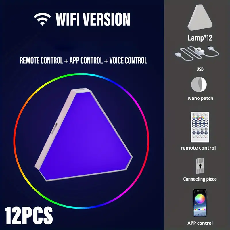 12pcs LED Smart WIFI Triangle Wall Light RGB Indoor BT - Temu Portugal