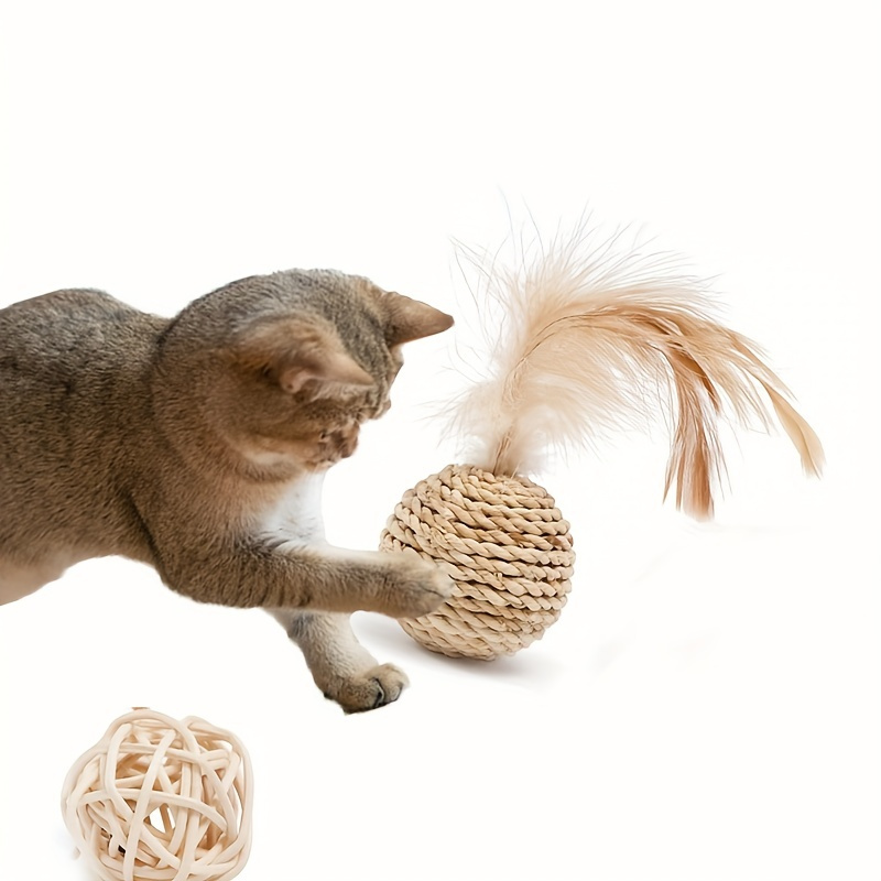 2 cat toy balls made of synthetic feathers to   and chew sisal balls for dental health bite resistant scratch resistant   large bite feather pet cat toy without battery Product details 3