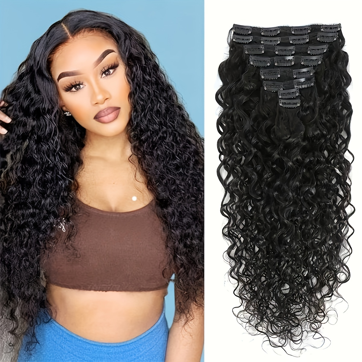 8 Pcs/Set Human Hair Clip In Hair Extensions Natural Black Water Wave Hair  Pieces For Women Brazilian Virgin Human Hair 8-26 Inch Hair Clips Hair Acce