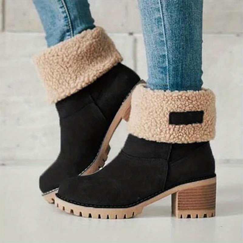 womens solid color chunky heel short boots casual slip on plush lined boots comfortable winter ankle boots 37 black 10