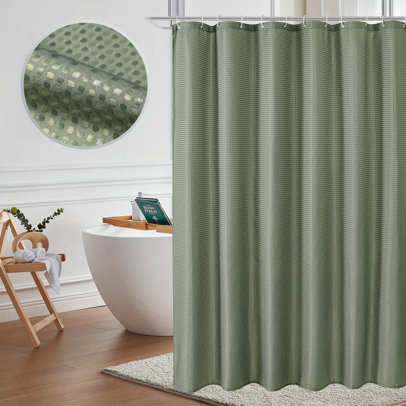 1pc Deluxe Sage Green Shower Curtain with Waffle Texture and Heavy Duty  Fabric - 120GSM Polyester Cloth with 12 Plastic Hooks - 71Wx71inch -  Enhance Y