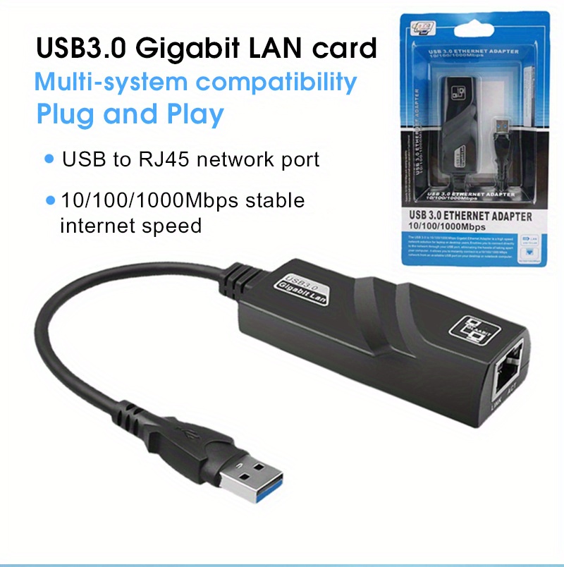 USB 3.0 to Gigabit Ethernet Network Adapter, 10/100/1000 Mbps, USB to RJ45,  USB 3.0 to LAN Adapter, USB 3.0 Ethernet Adapter (GbE), 11in Attached