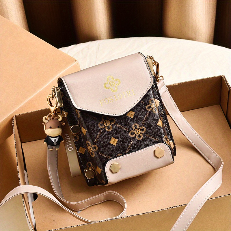 Mini Flap Crossbody Phone Bag, Letter Print Shoulder Bag, Women's Studded Decor Square Purse (4.7*6.7*3.7) Inch,$10.99,Geometric,Flowers Dark Khaki