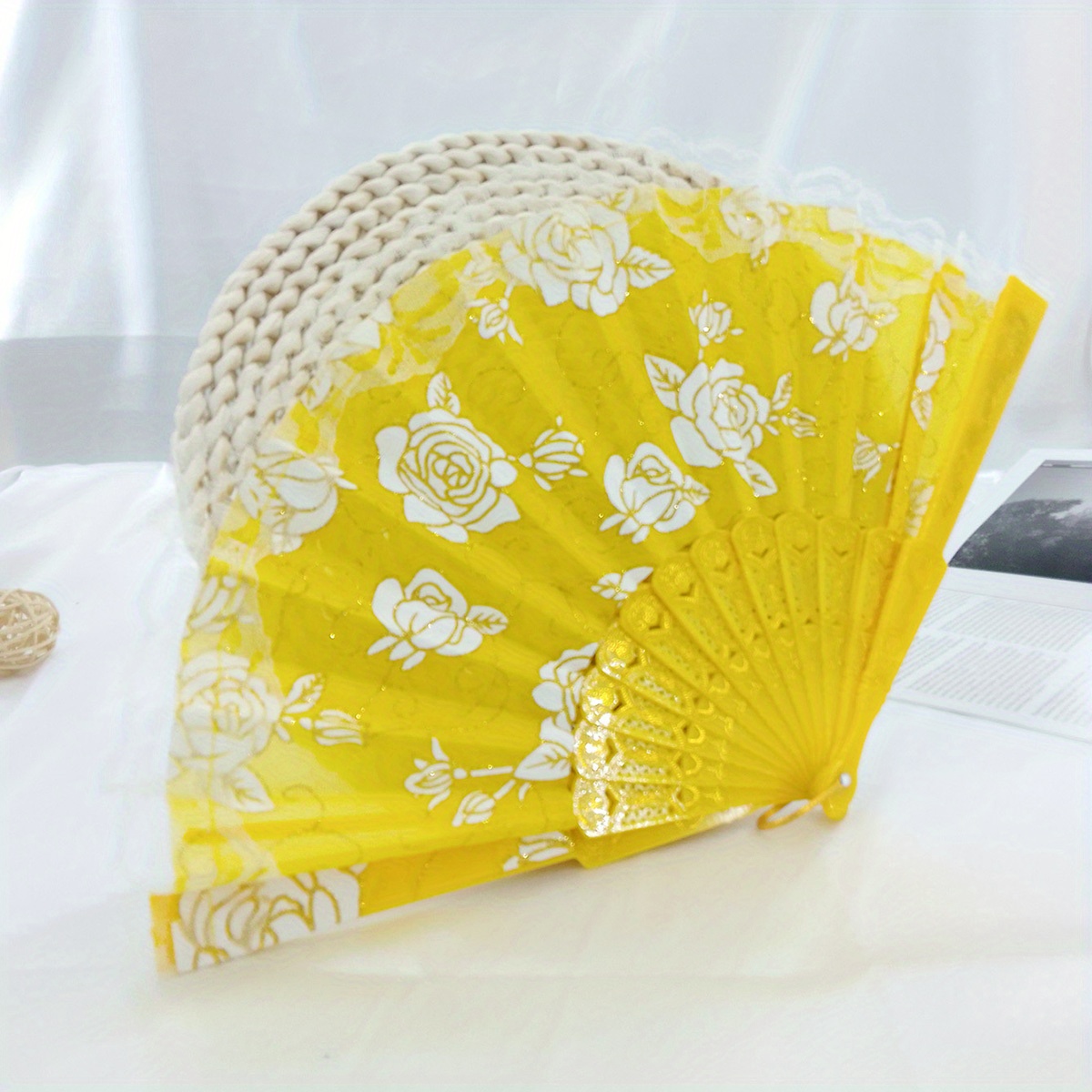 Chinese Style Floral Folding Fan with Lace for Dance Performance