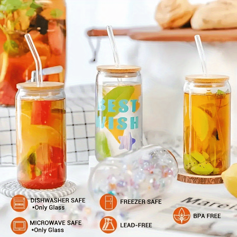 Glass Cups with Bamboo Lids and Glass Straw 6Pcs Set - Beer Can