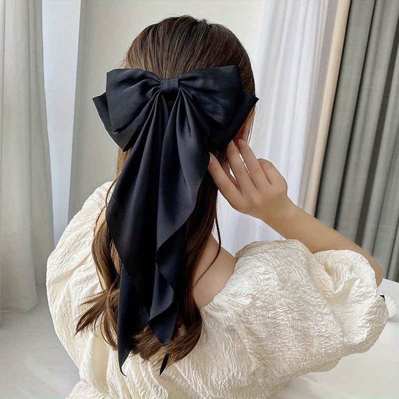 Satin Large Bow Streamer Spring Clip Back Head Elegant Solid - Temu