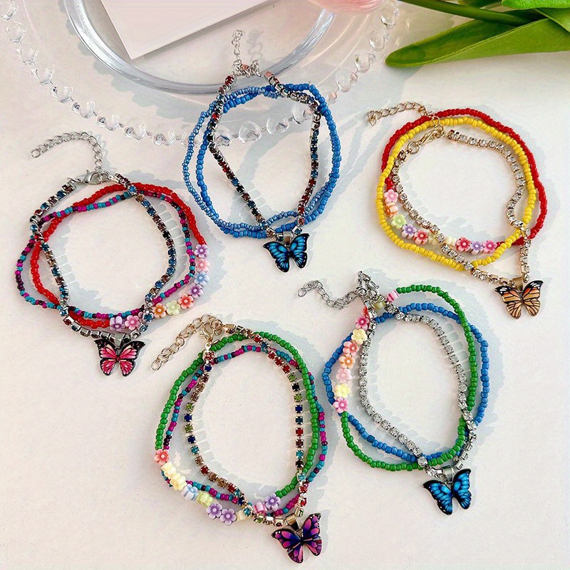 Colorful Rhinestone Inlaid Claw Chain Anklet Butterfly Shape Temu New