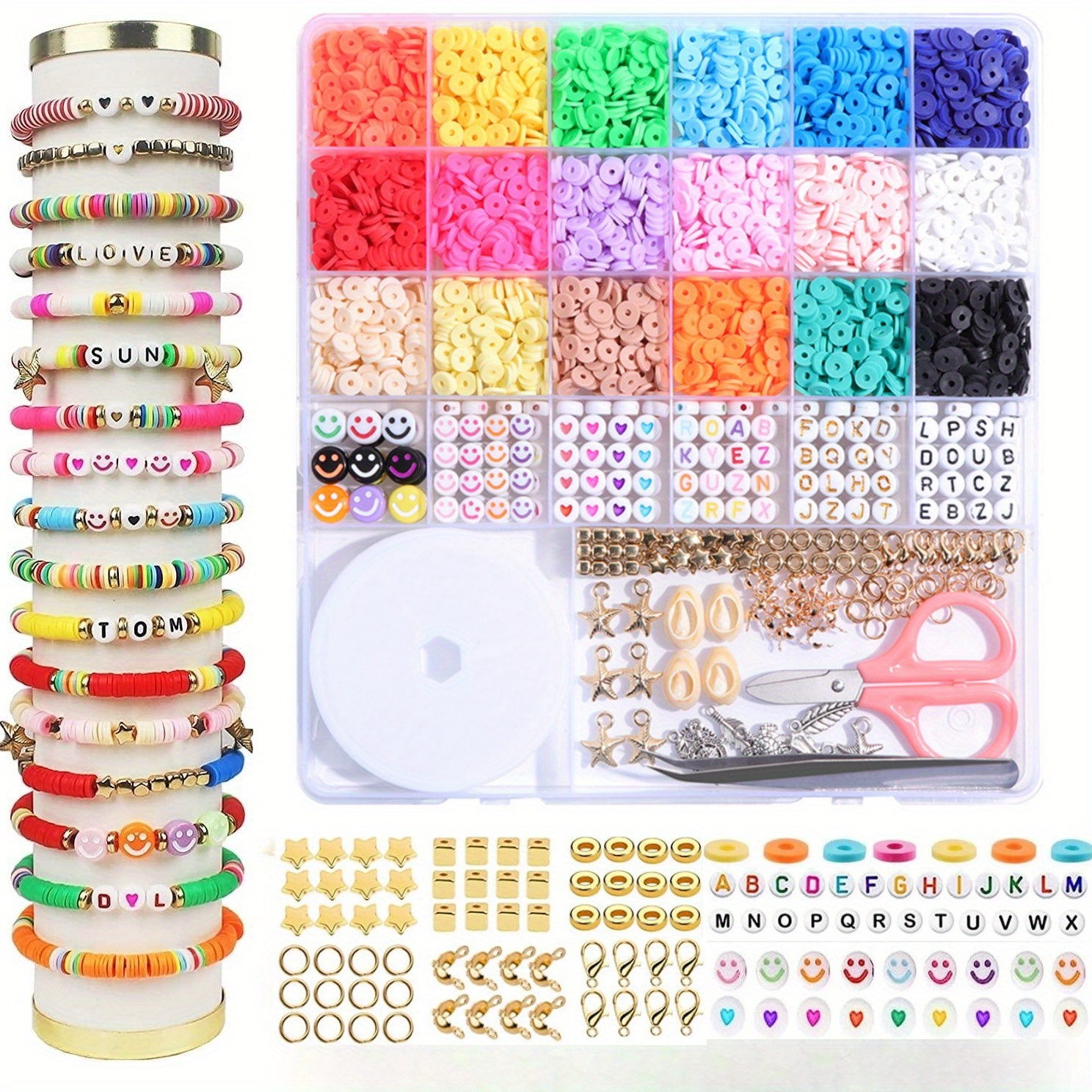 6000 Pièces perles d'argile pour la fabrication de bracelets,24 couleurs  6mm perles en argile polymère rondes plates avec kit de lettre et cordes  élastiques pour kit de fabrication de bijoux : 