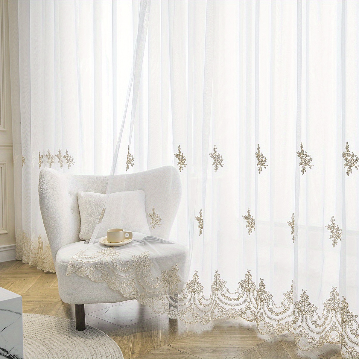 1pc French Aesthetic Embroidery Sheer Curtain, Easy European Style Small Flower Embroidered White Translucent Thin Window Scrim, Rod Pocket, Suitable For Living Room Bedroom Decor