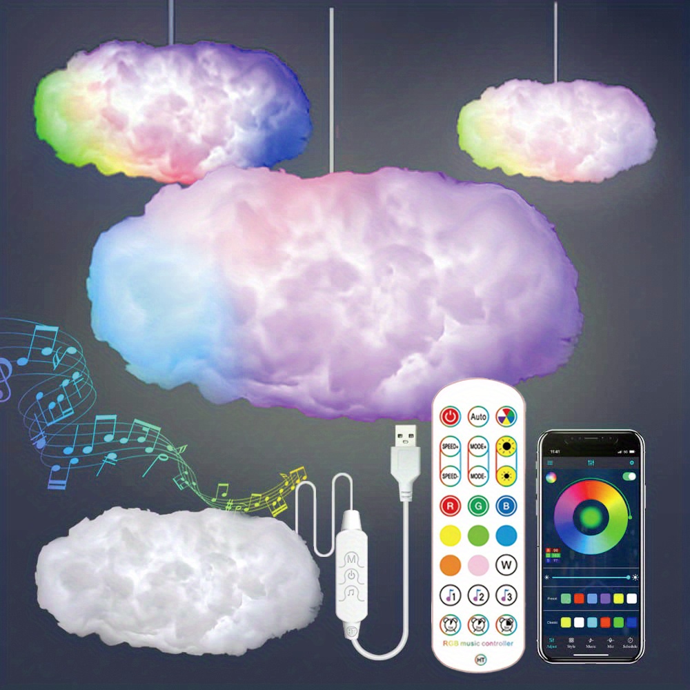 3d Big Cloud Light Kit, Music Sync Rgb Multicolor Changing Strip ...