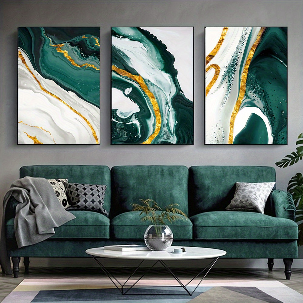 Modern Golden Green Marble Canvas Paintings Living Room - Temu